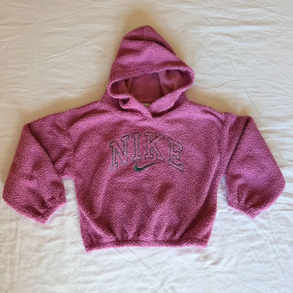 Nike Girls 4 XS Pink Sherpa Fleece Plush Pullover Hoodie Embroidered Spellout